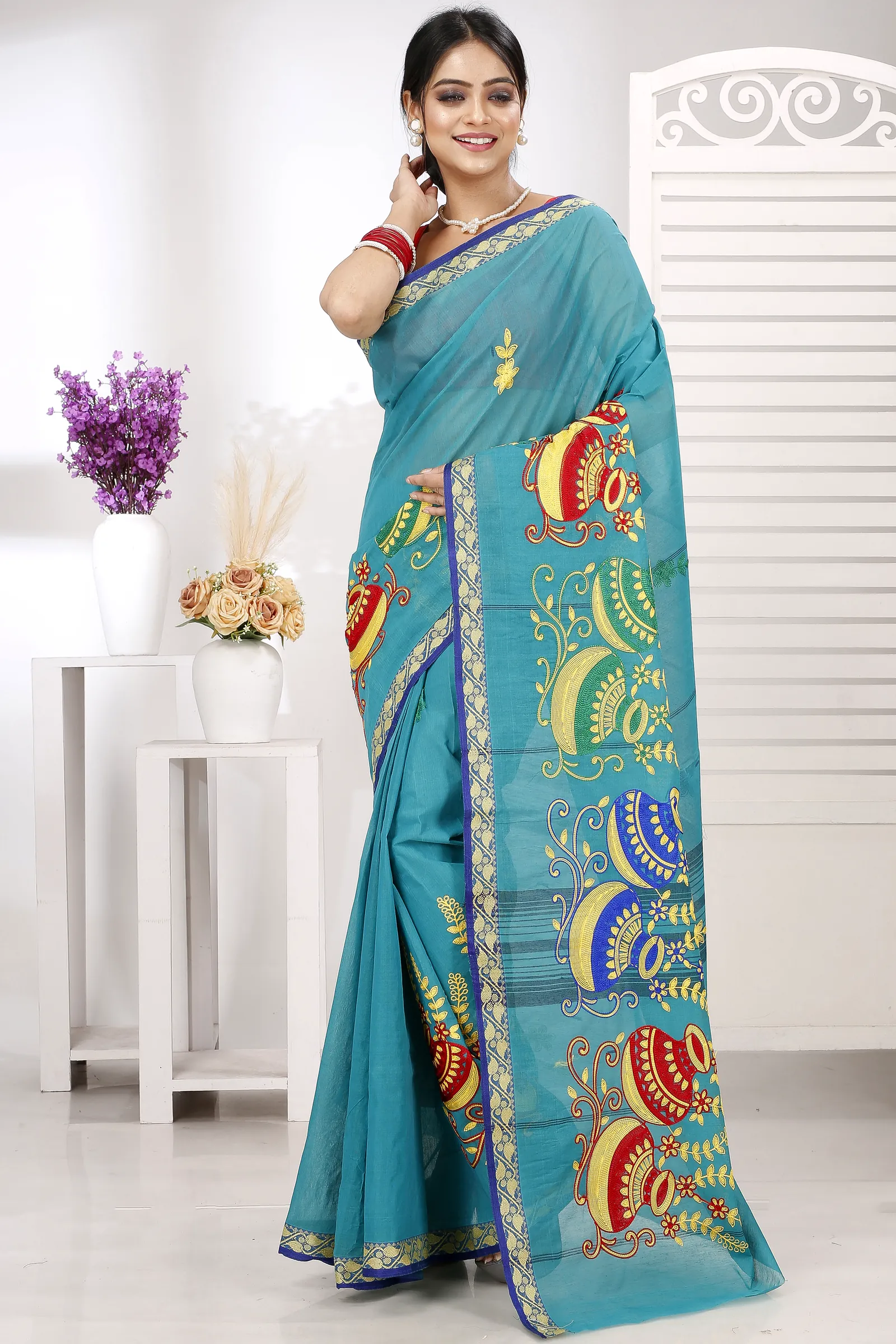 See Green Pure Cotton Embi Gaela Ghot Tant Embroidery (1507)