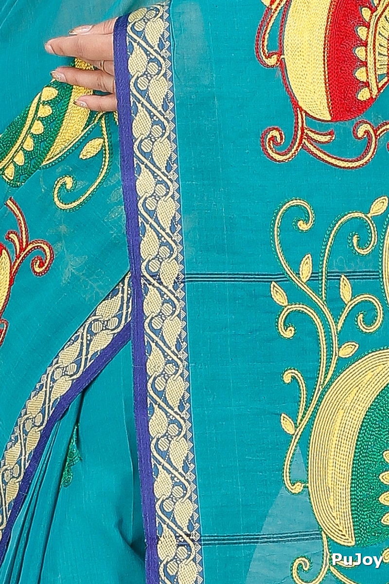 See Green Pure Cotton Embi Gaela Ghot Tant Embroidery (1507)