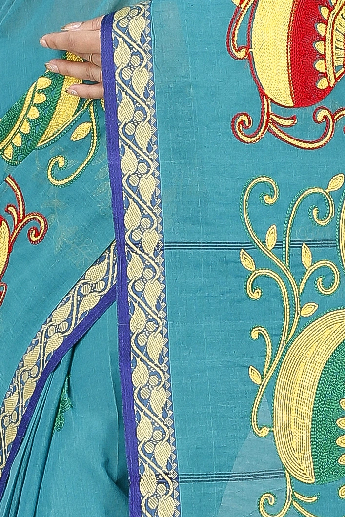 See Green Pure Cotton Embi Gaela Ghot Tant Embroidery (1507)