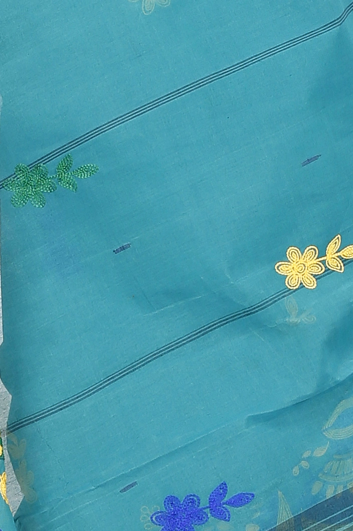 See Green Pure Cotton Embi Gaela Ghot Tant Embroidery (1507)