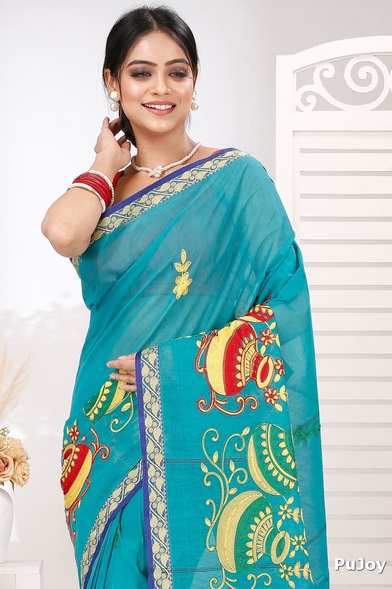 See Green Pure Cotton Embi Gaela Ghot Tant Embroidery (1507)
