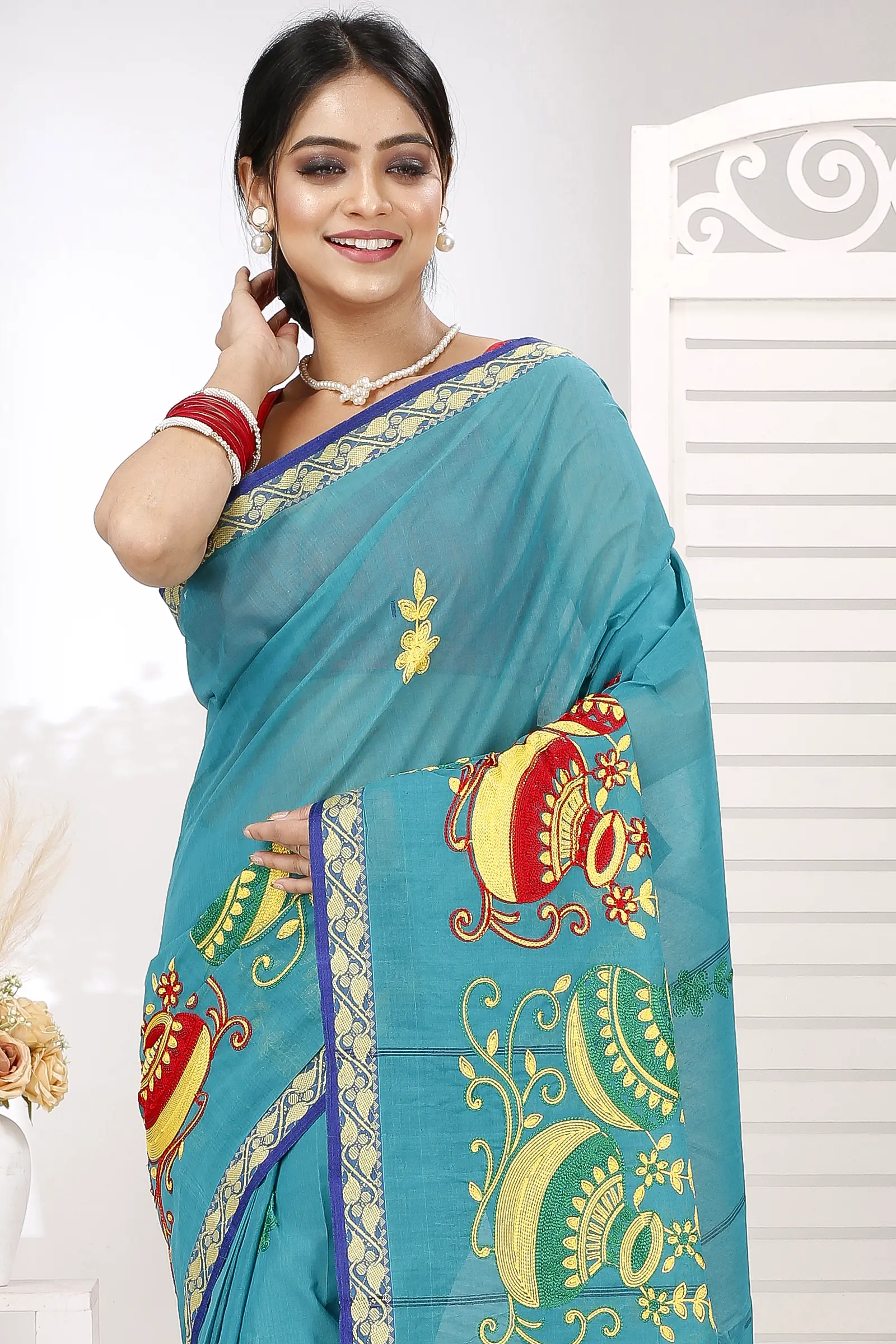See Green Pure Cotton Embi Gaela Ghot Tant Embroidery (1507)