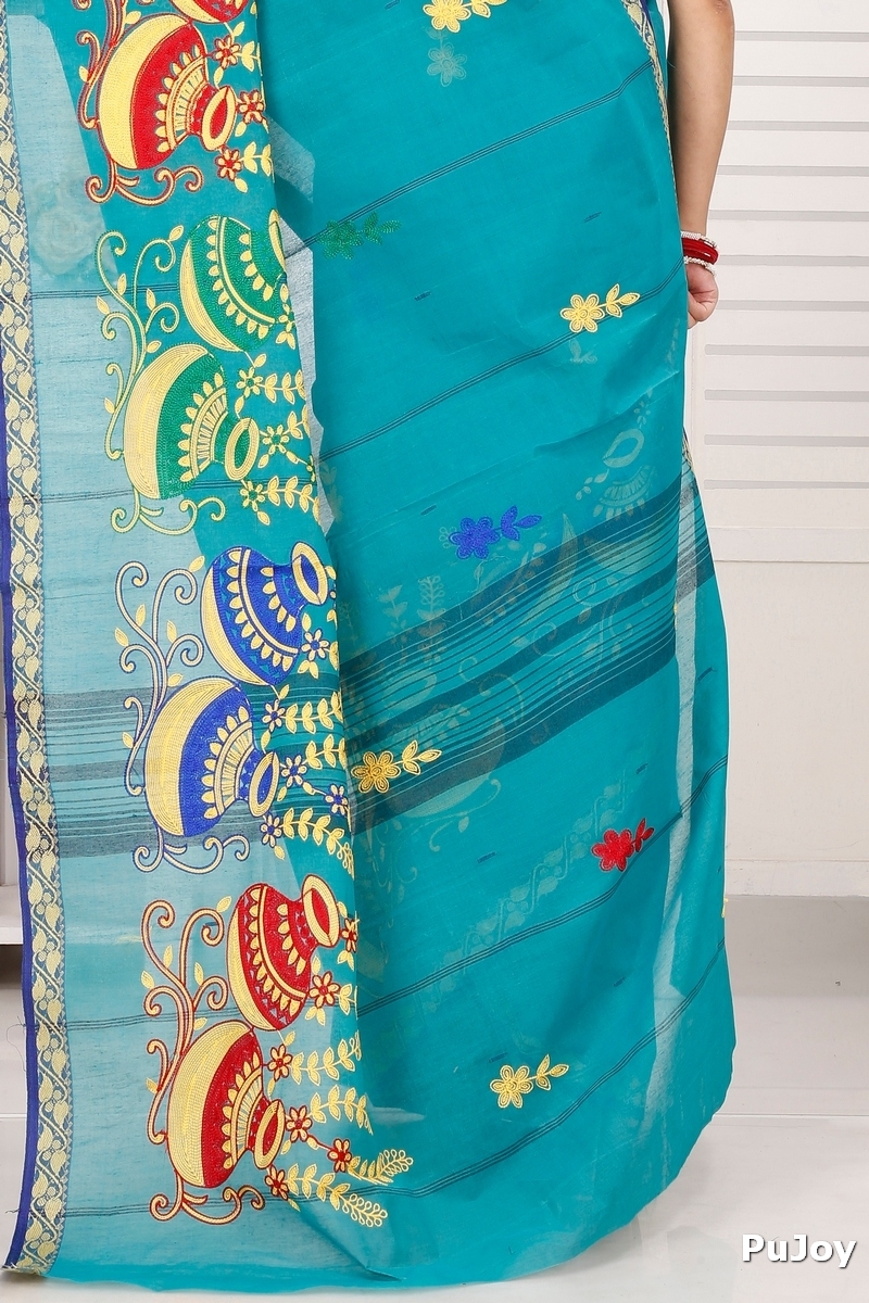 See Green Pure Cotton Embi Gaela Ghot Tant Embroidery (1507)