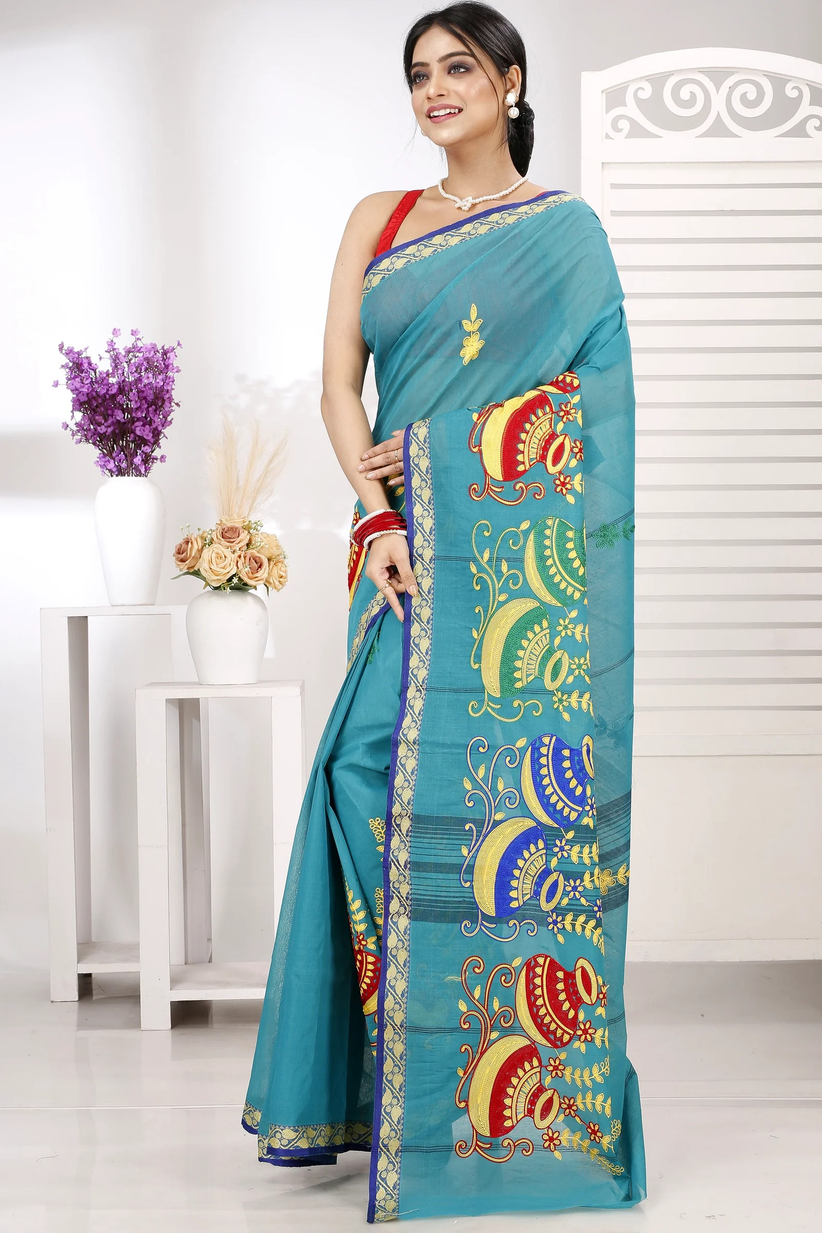 See Green Pure Cotton Embi Gaela Ghot Tant Embroidery (1507)