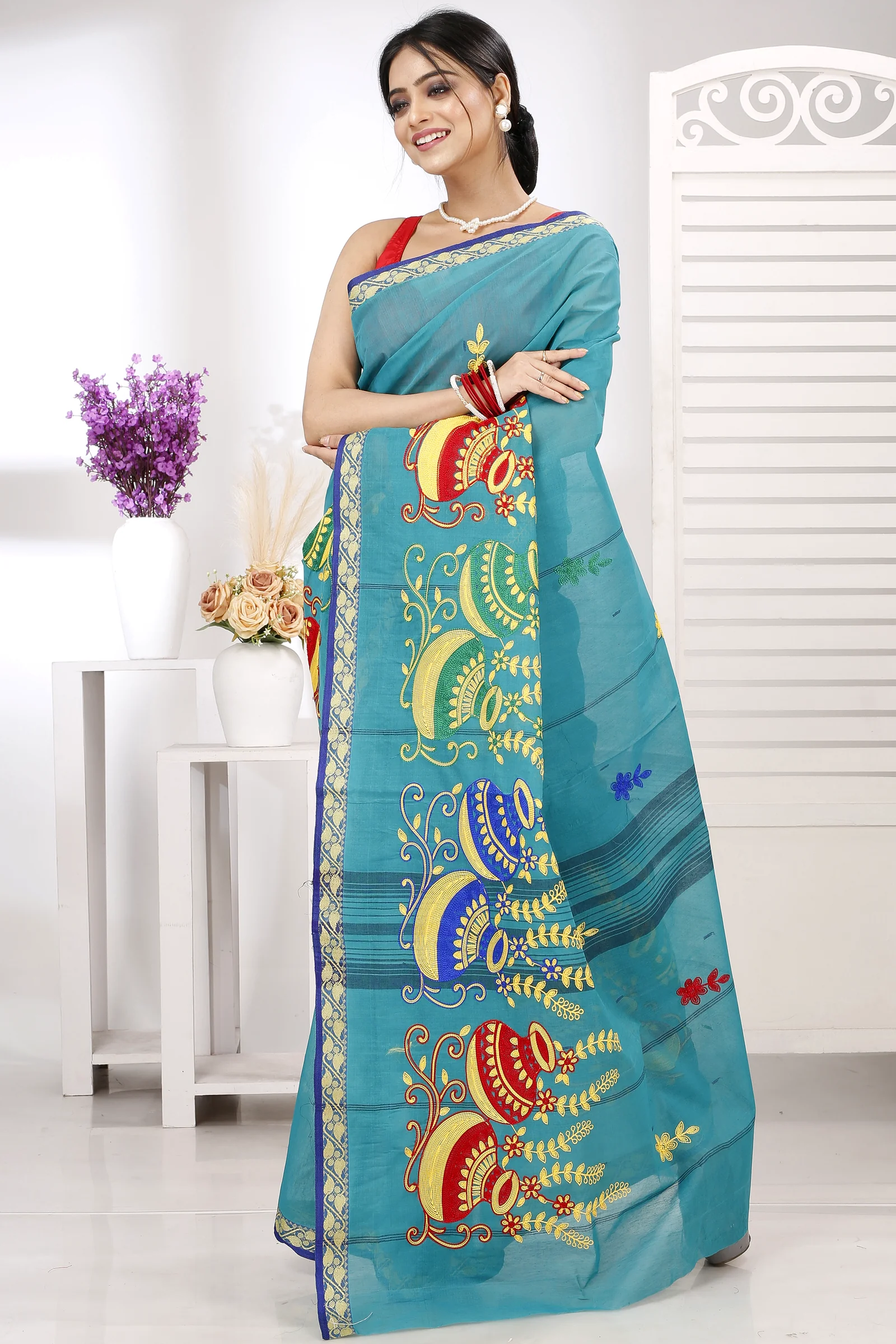See Green Pure Cotton Embi Gaela Ghot Tant Embroidery (1507)
