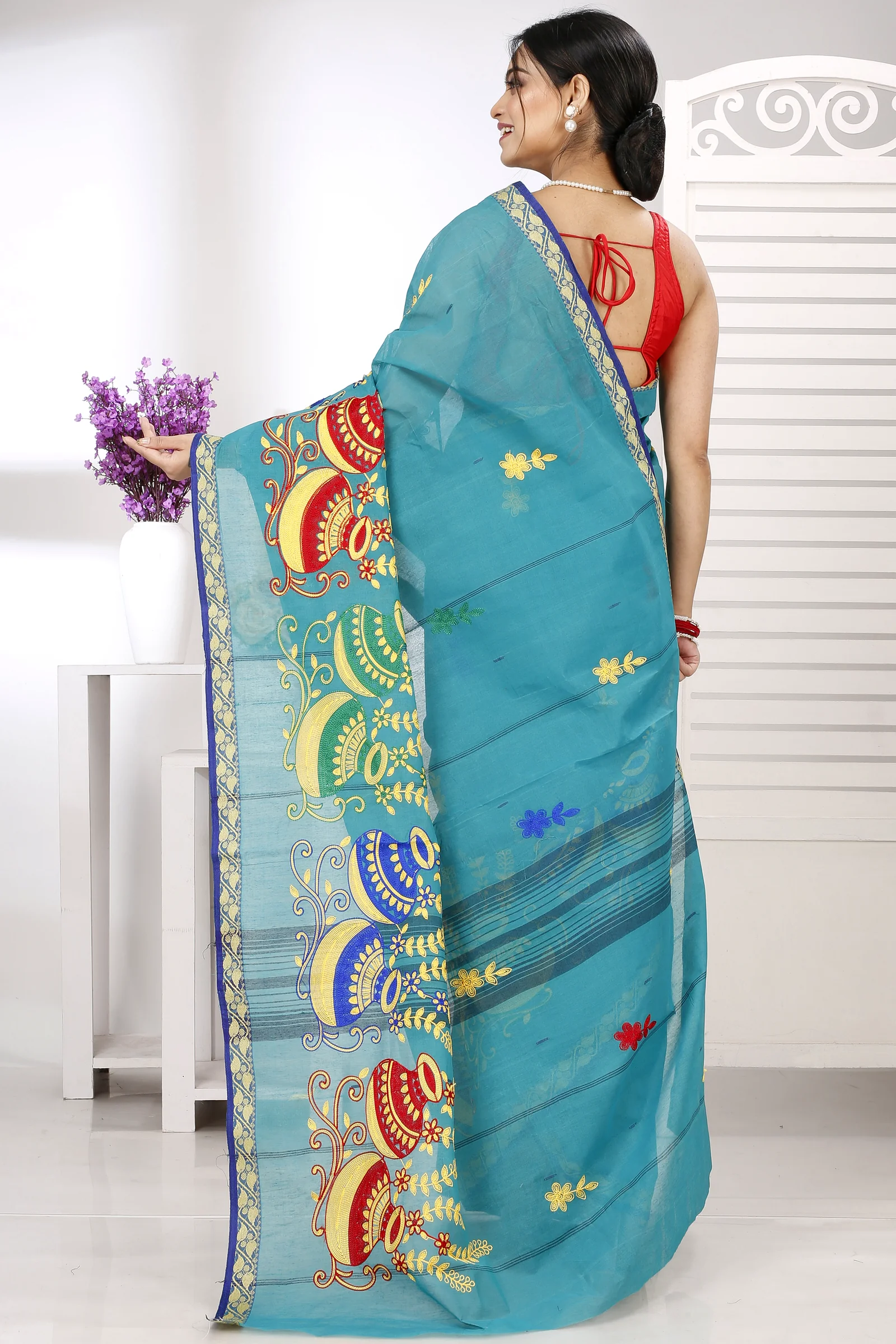 See Green Pure Cotton Embi Gaela Ghot Tant Embroidery (1507)