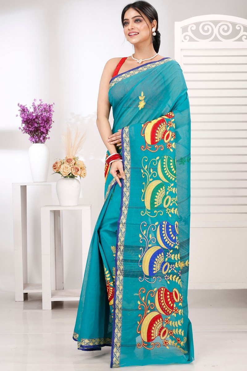 See Green Pure Cotton Embi Gaela Ghot Tant Embroidery (1507)