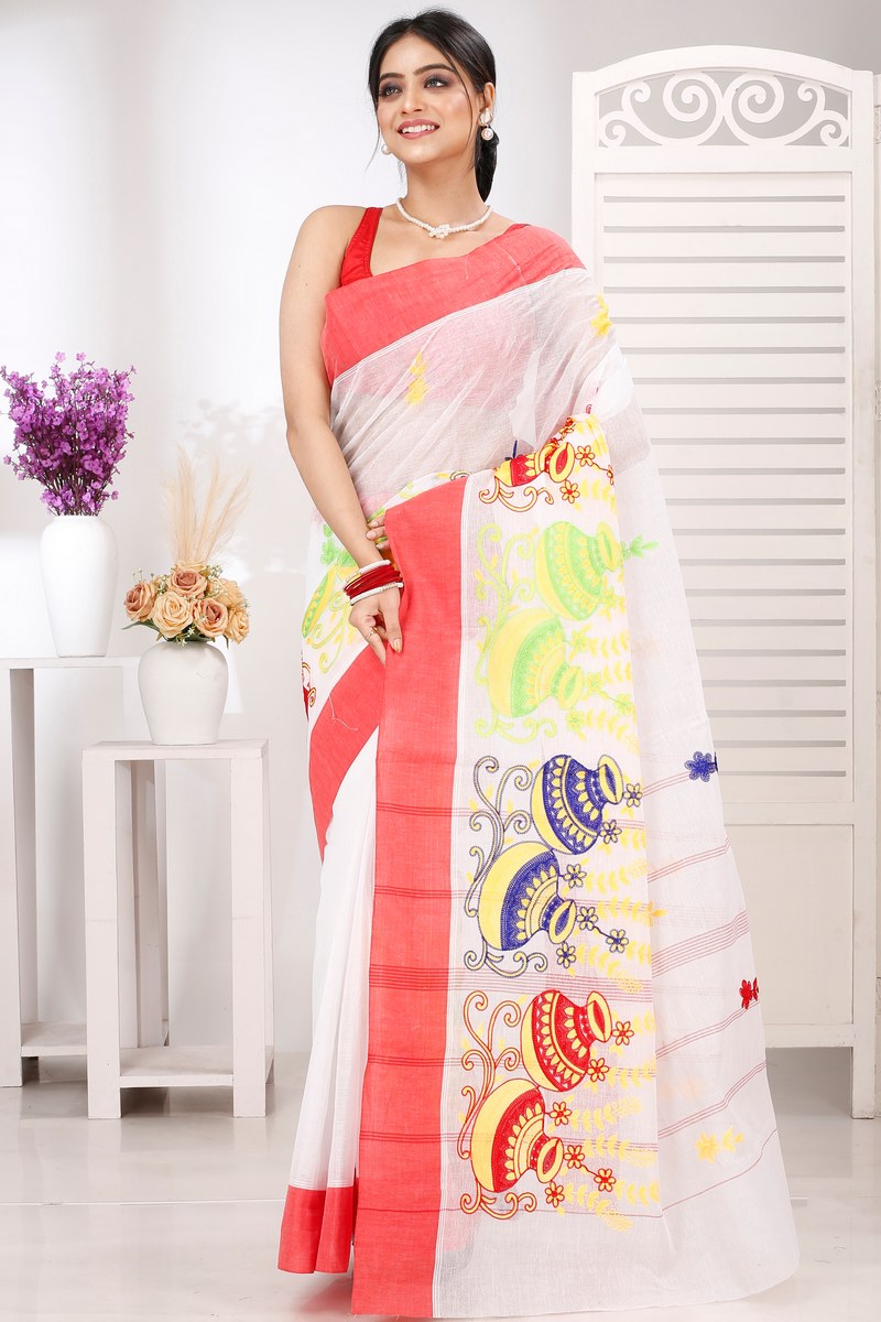 White Red Pure Cotton Embi Elu Ghot Tant Embroidery (1508)