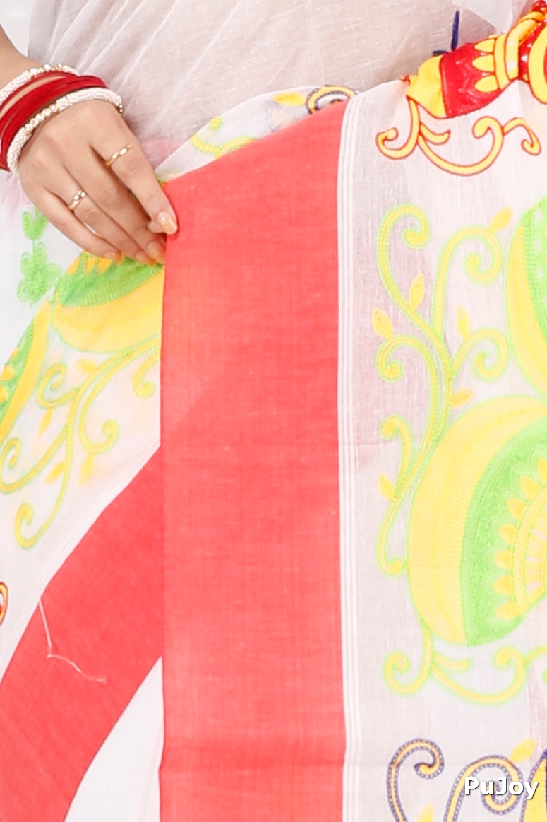 White Red Pure Cotton Embi Elu Ghot Tant Embroidery (1508)