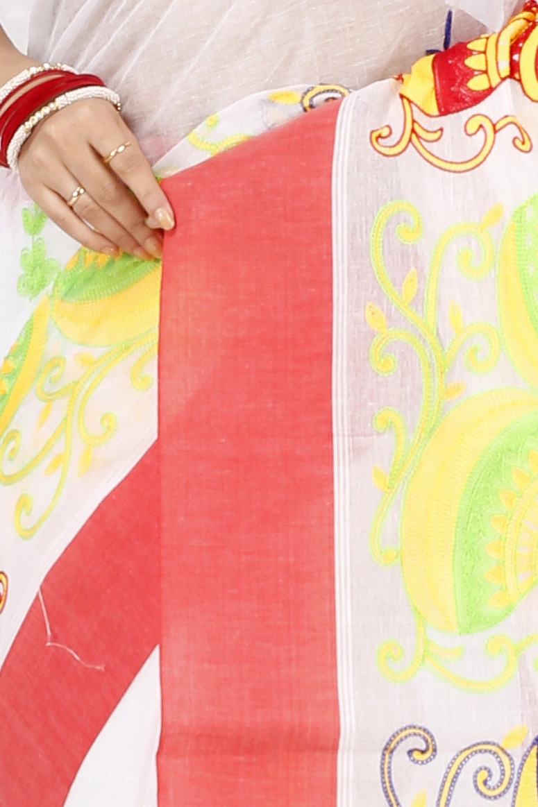 White Red Pure Cotton Embi Elu Ghot Tant Embroidery (1508)
