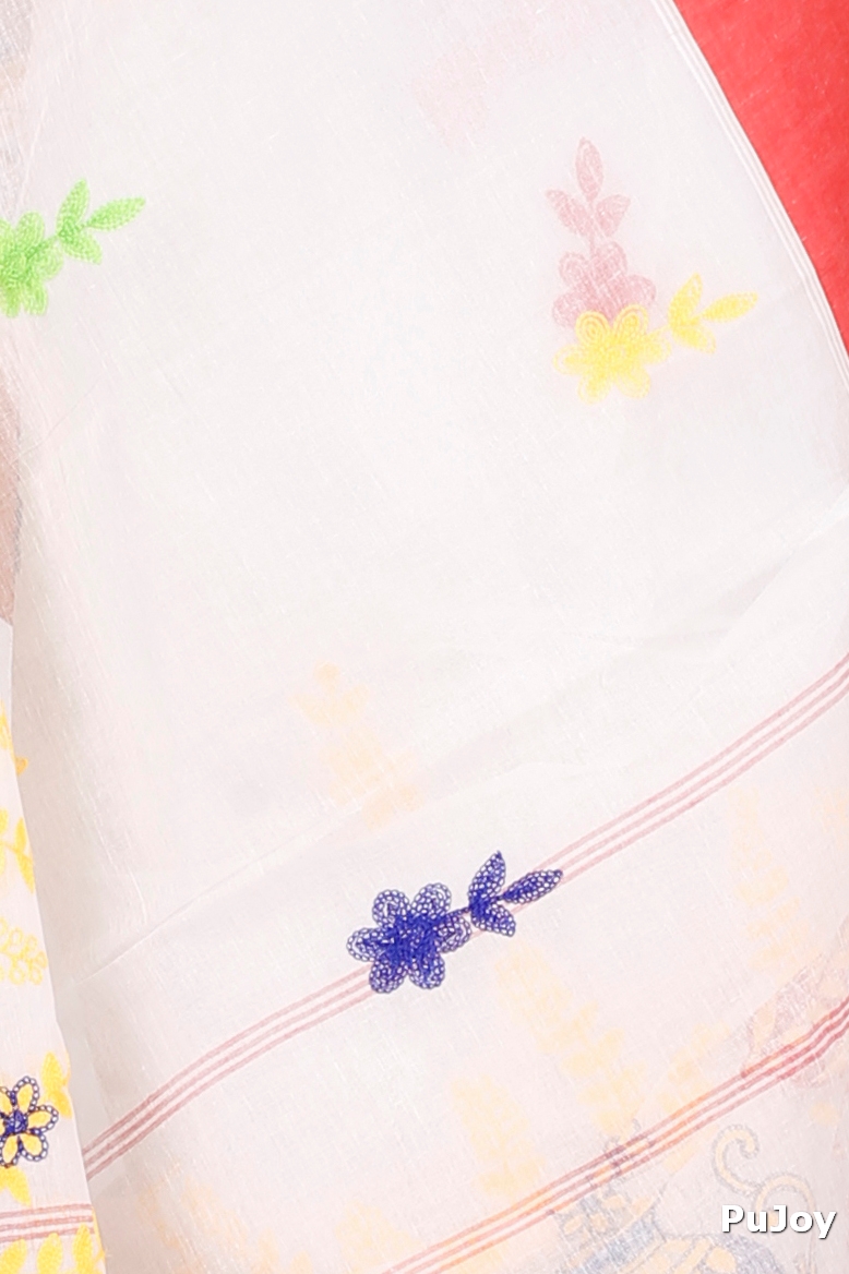 White Red Pure Cotton Embi Elu Ghot Tant Embroidery (1508)