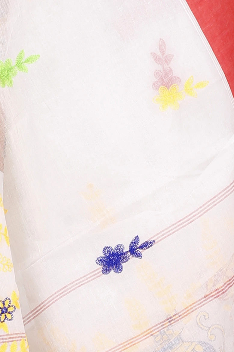 White Red Pure Cotton Embi Elu Ghot Tant Embroidery (1508)