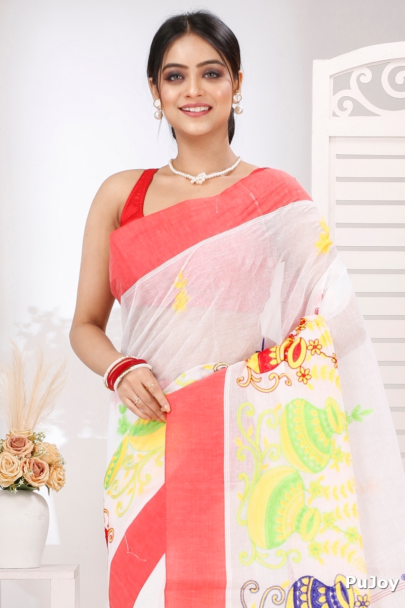 White Red Pure Cotton Embi Elu Ghot Tant Embroidery (1508)