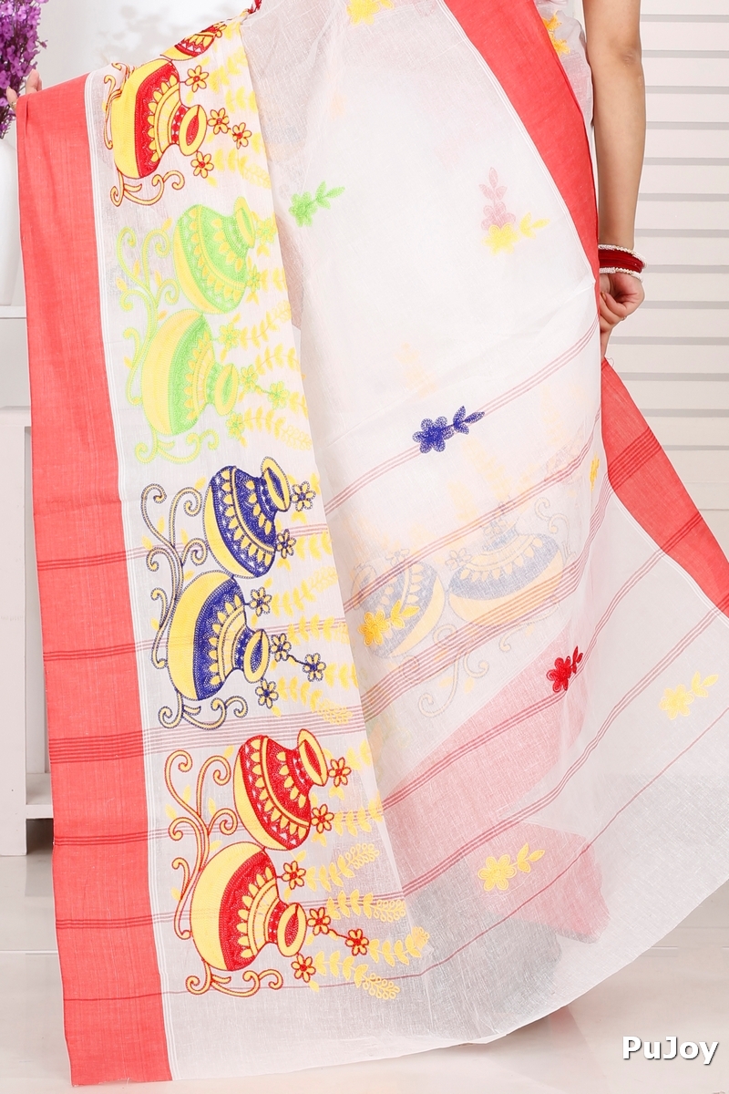 White Red Pure Cotton Embi Elu Ghot Tant Embroidery (1508)