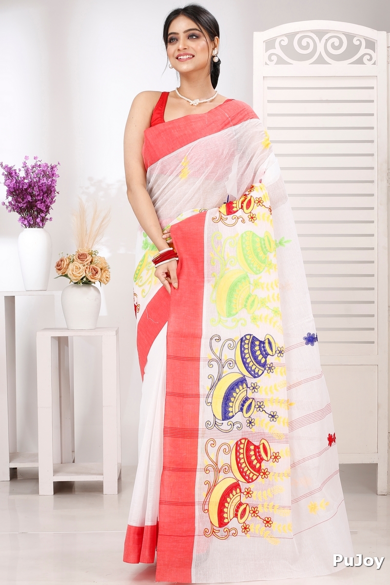 White Red Pure Cotton Embi Elu Ghot Tant Embroidery (1508)