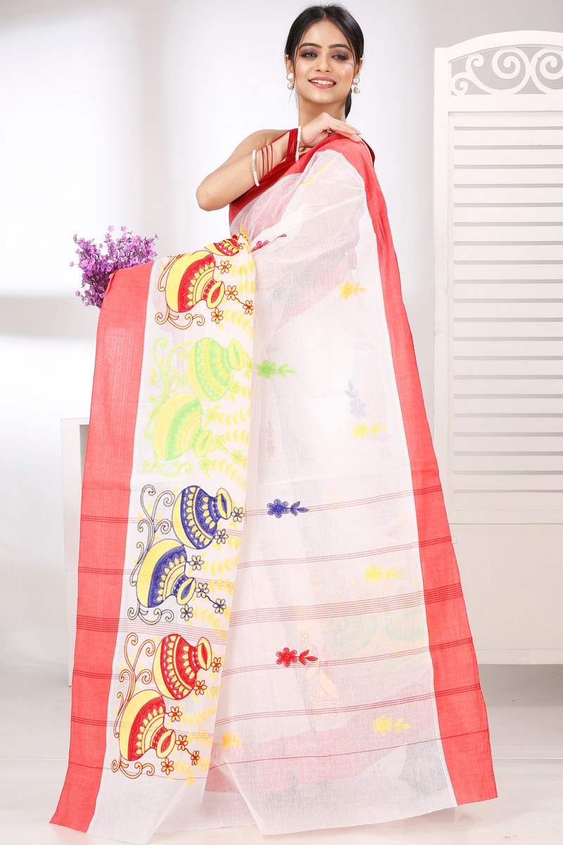White Red Pure Cotton Embi Elu Ghot Tant Embroidery (1508)