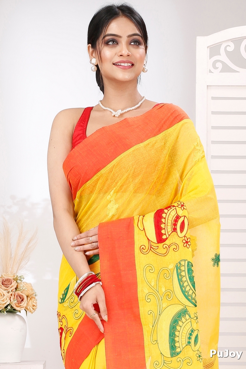 Yellow Red Pure Cotton Embi Elu Ghot Tant Embroidery (1509)