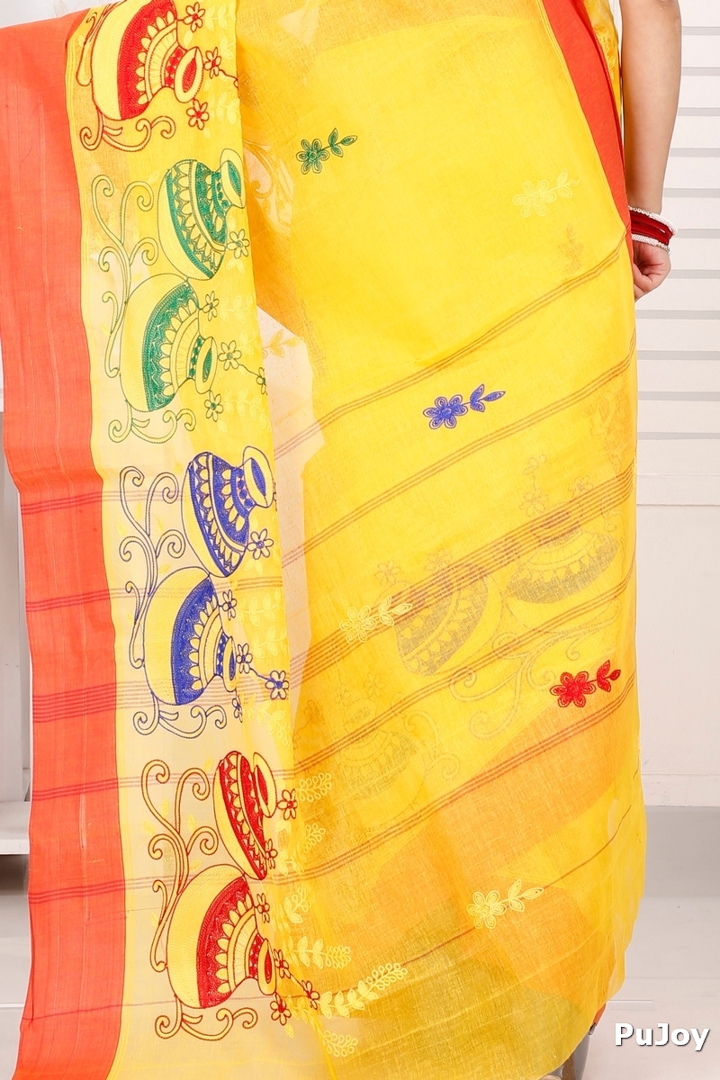 Yellow Red Pure Cotton Embi Elu Ghot Tant Embroidery (1509)