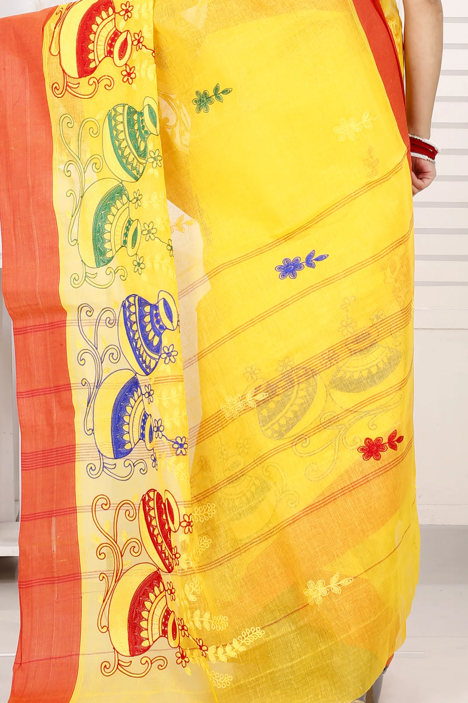 Yellow Red Pure Cotton Embi Elu Ghot Tant Embroidery (1509)