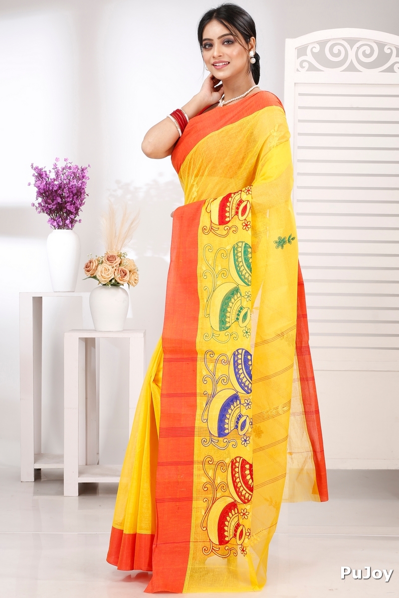 Yellow Red Pure Cotton Embi Elu Ghot Tant Embroidery (1509)