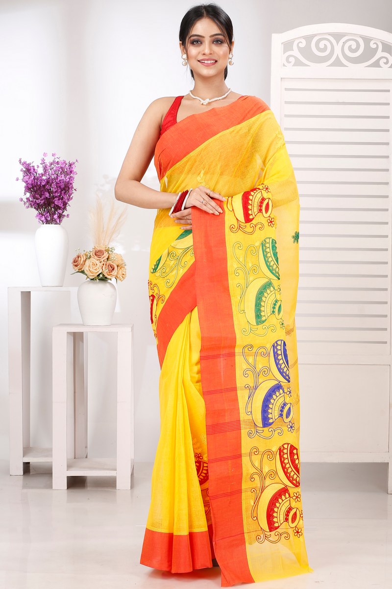 Yellow Red Pure Cotton Embi Elu Ghot Tant Embroidery (1509)