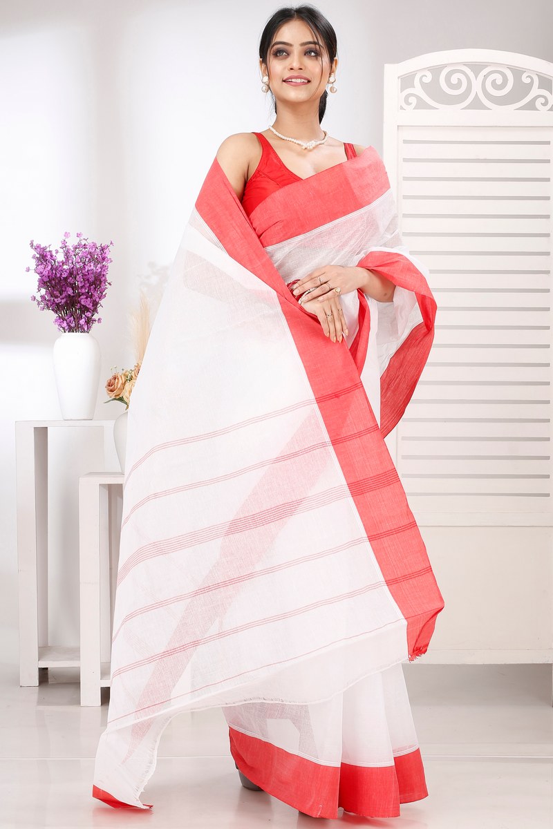 White Red Pure Cotton Elu Than Tant Saree (1510)