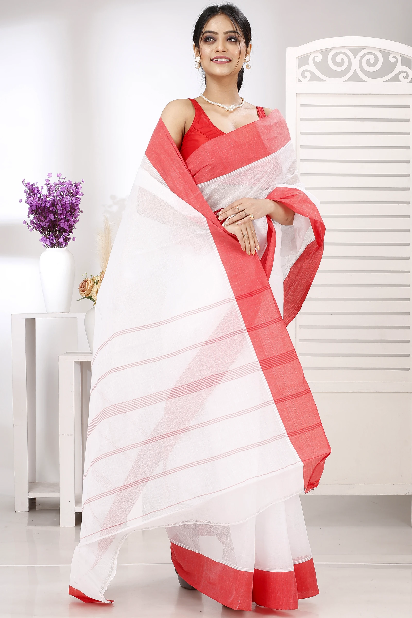 White Red Pure Cotton Elu Than Tant Saree (1510)