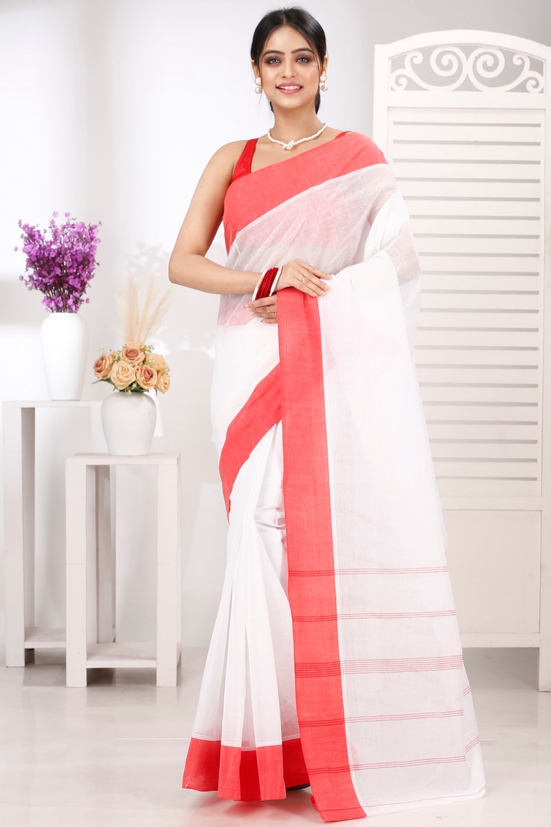 White Red Pure Cotton Elu Than Tant Saree (1510)