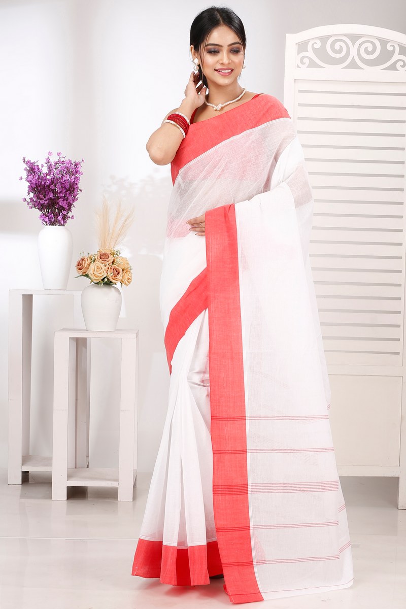 White Red Pure Cotton Elu Than Tant Saree (1510)