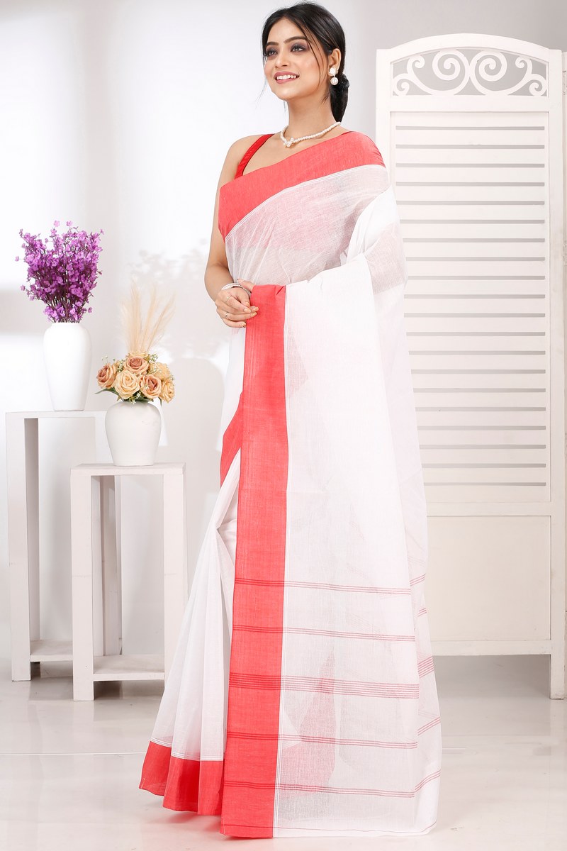 White Red Pure Cotton Elu Than Tant Saree (1510)