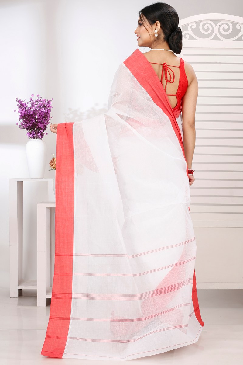 White Red Pure Cotton Elu Than Tant Saree (1510)