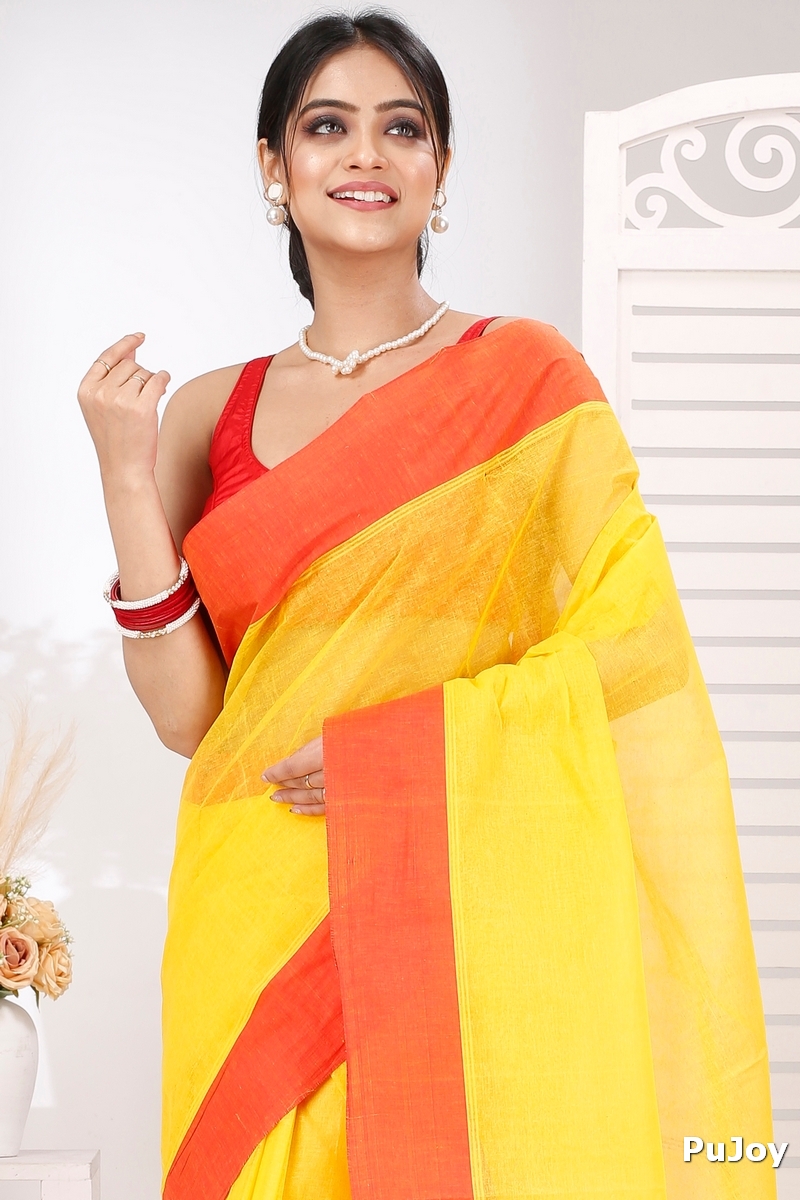 Yellow Red Pure Cotton Elu Than Tant Saree (1511)