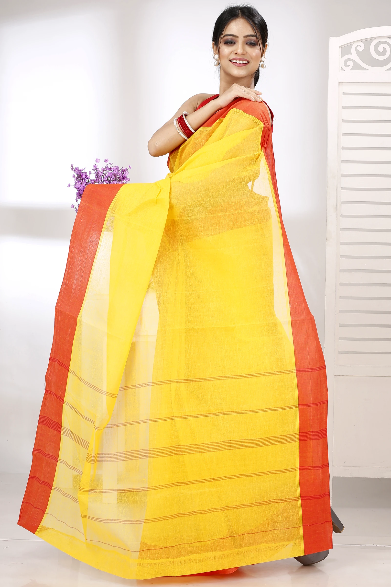 Yellow Red Pure Cotton Elu Than Tant Saree (1511)