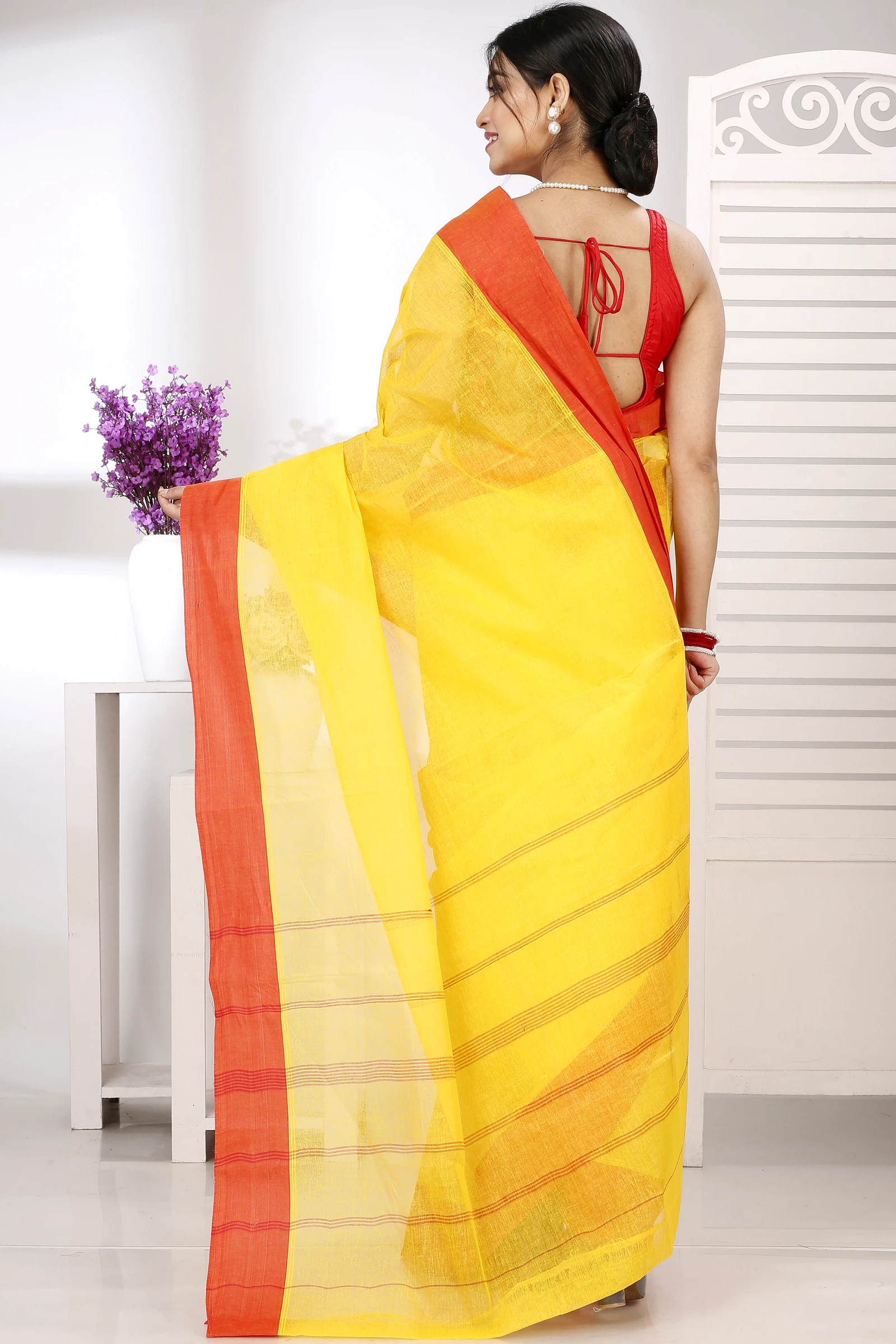 Yellow Red Pure Cotton Elu Than Tant Saree (1511)