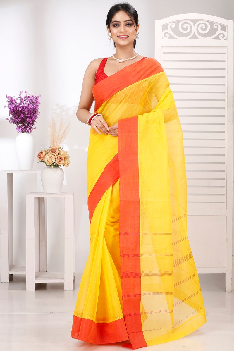 Yellow Red Pure Cotton Elu Than Tant Saree (1511)