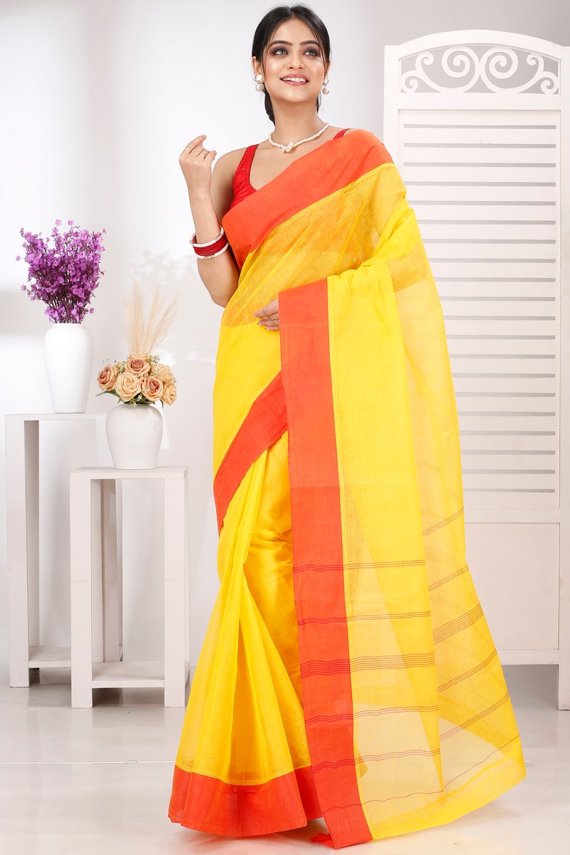 Yellow Red Pure Cotton Elu Than Tant Saree (1511)