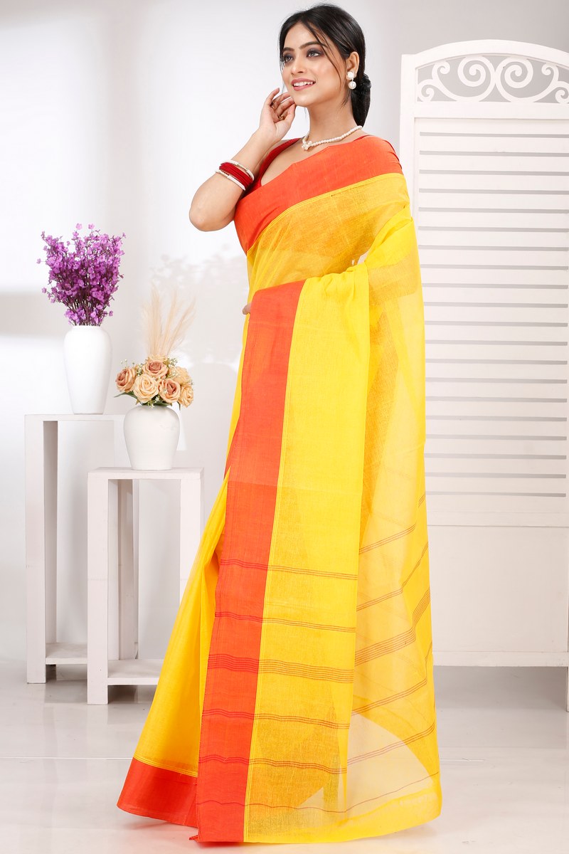 Yellow Red Pure Cotton Elu Than Tant Saree (1511)