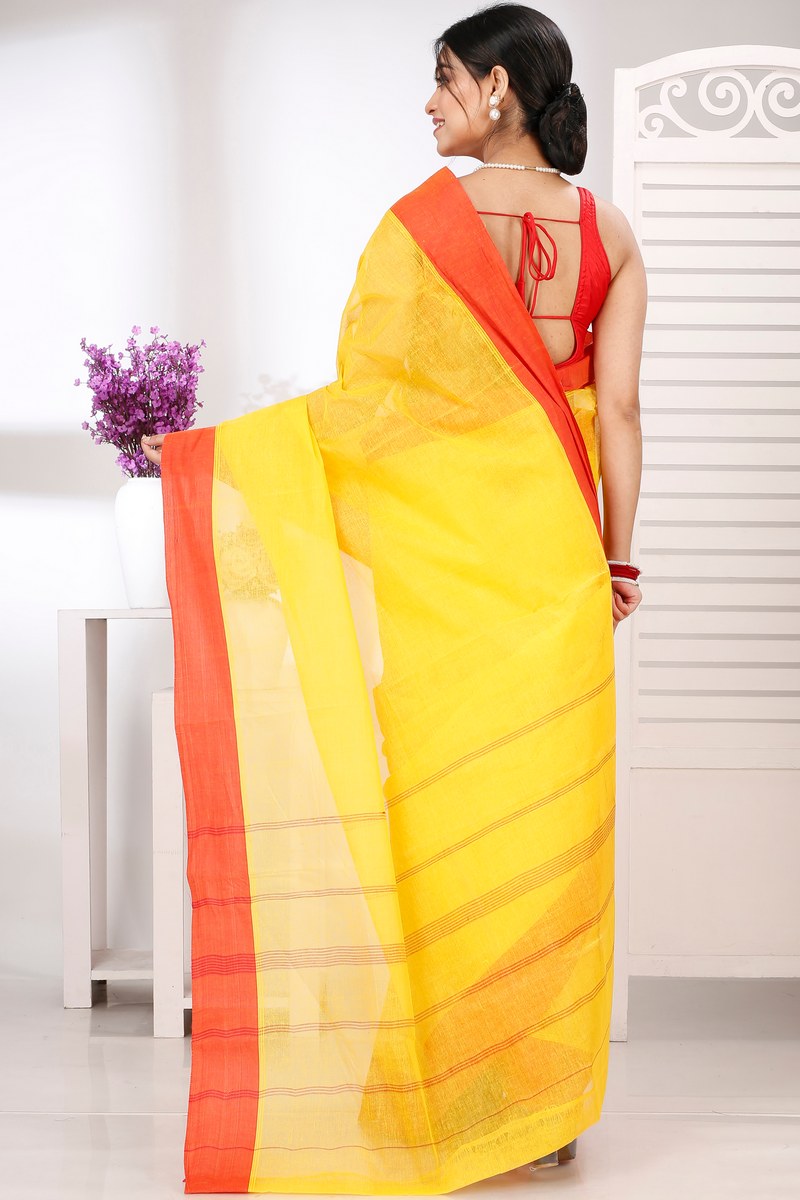 Yellow Red Pure Cotton Elu Than Tant Saree (1511)