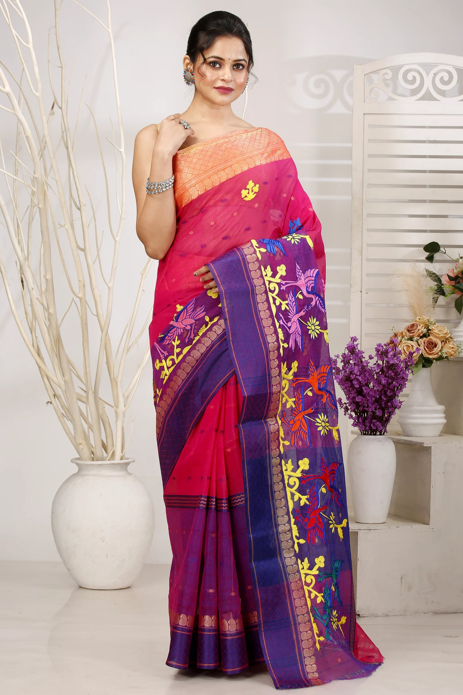 Pink Pure Cotton Embi Ganga Bok Tant Embroidery (1512)