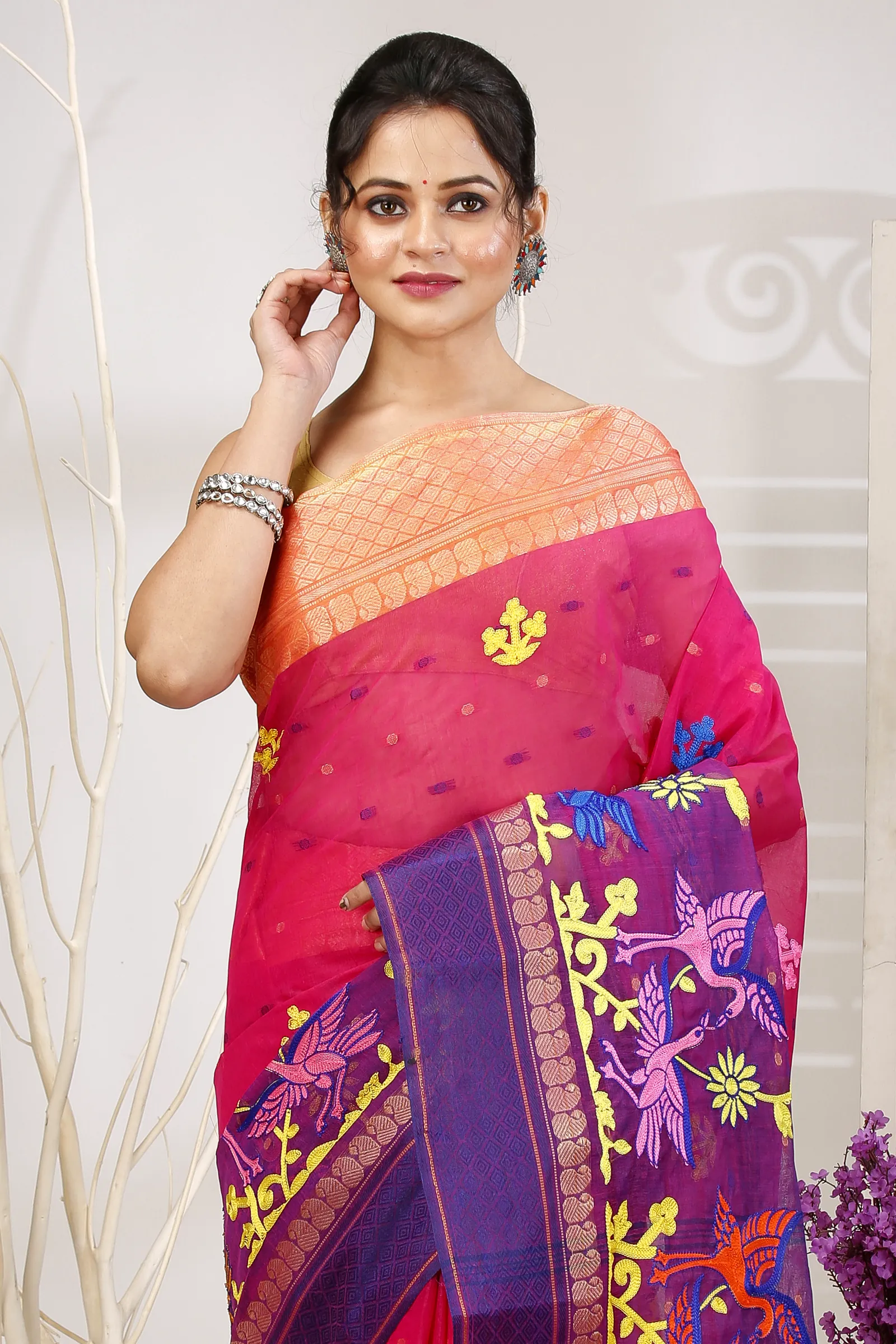 Pink Pure Cotton Embi Ganga Bok Tant Embroidery (1512)