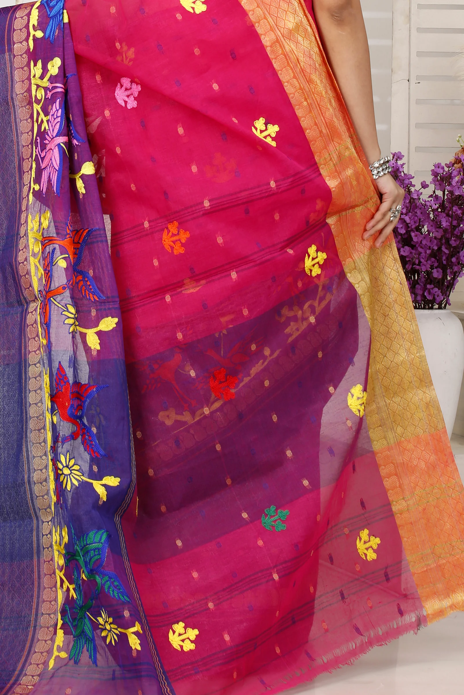 Pink Pure Cotton Embi Ganga Bok Tant Embroidery (1512)
