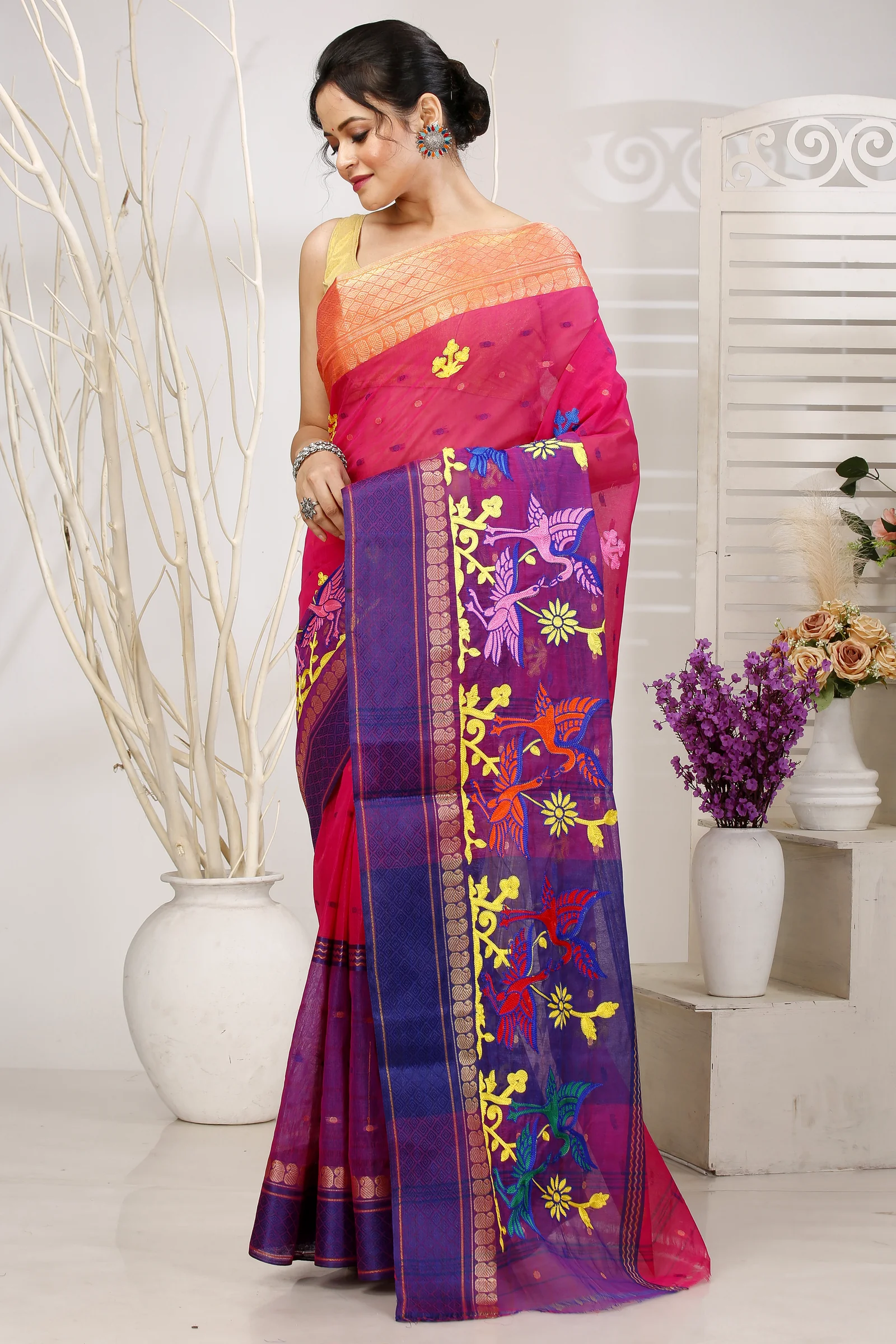 Pink Pure Cotton Embi Ganga Bok Tant Embroidery (1512)