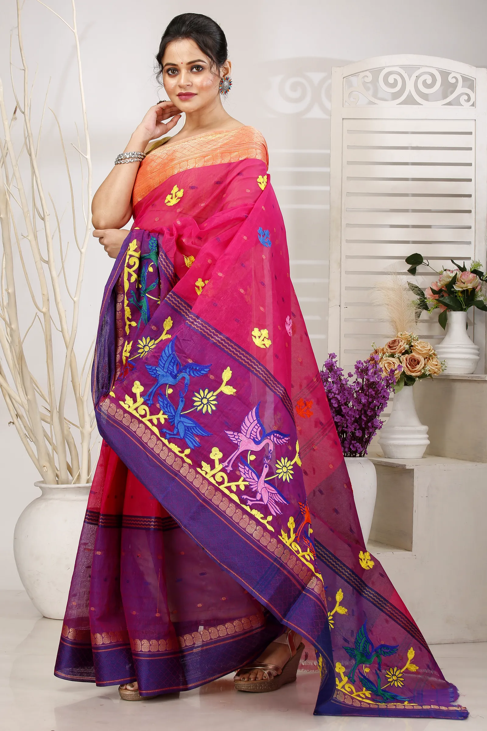 Pink Pure Cotton Embi Ganga Bok Tant Embroidery (1512)