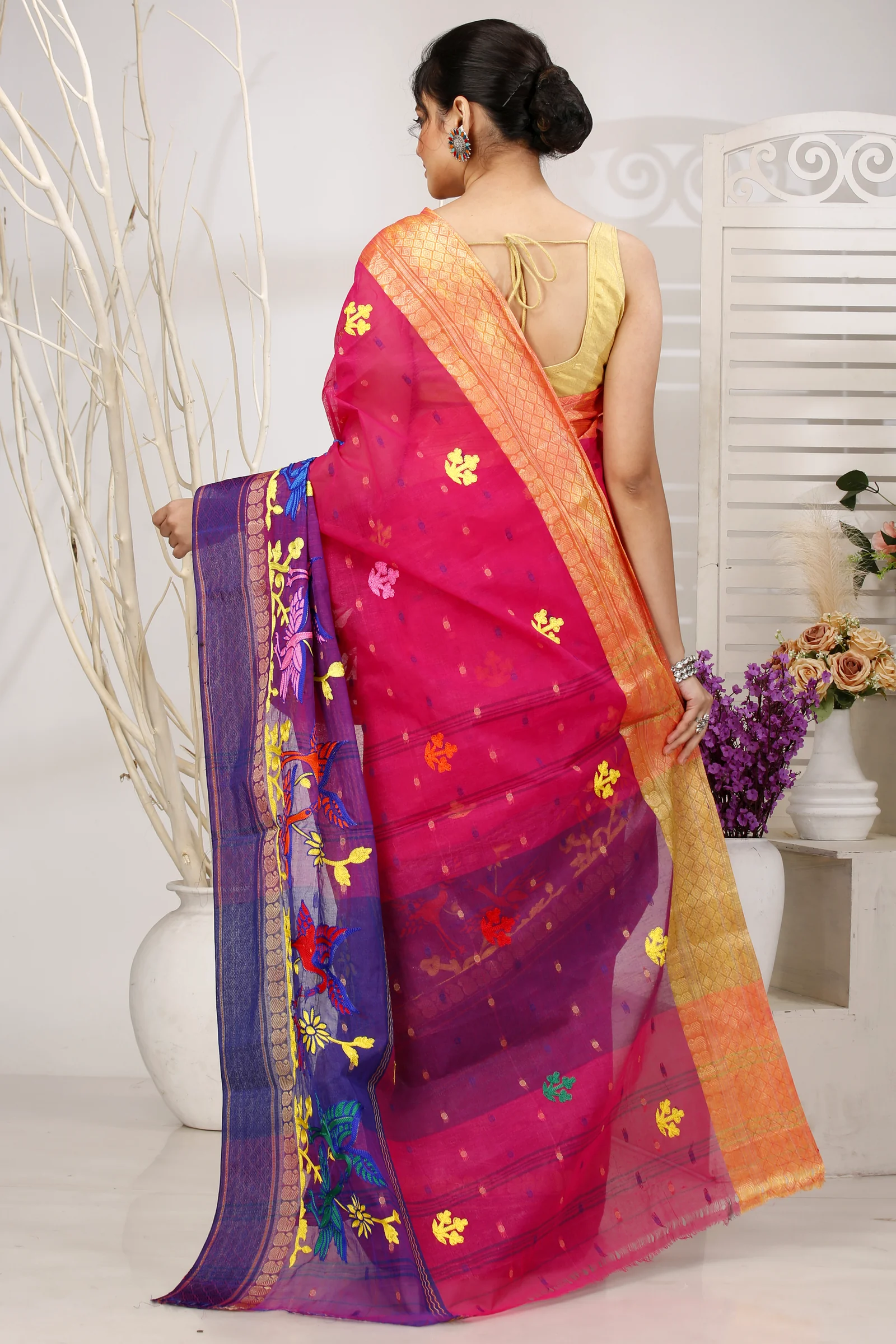 Pink Pure Cotton Embi Ganga Bok Tant Embroidery (1512)