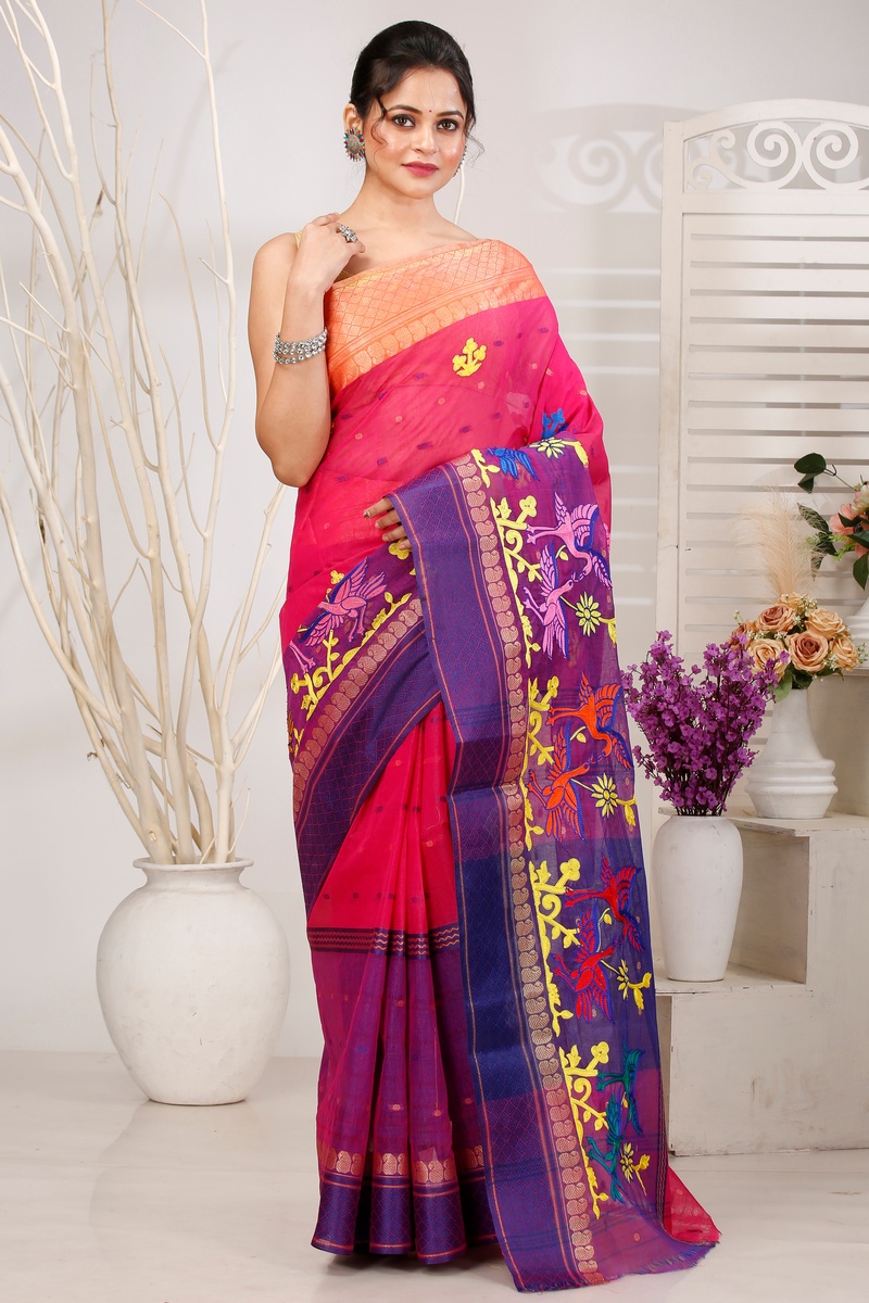 Pink Pure Cotton Embi Ganga Bok Tant Embroidery (1512)