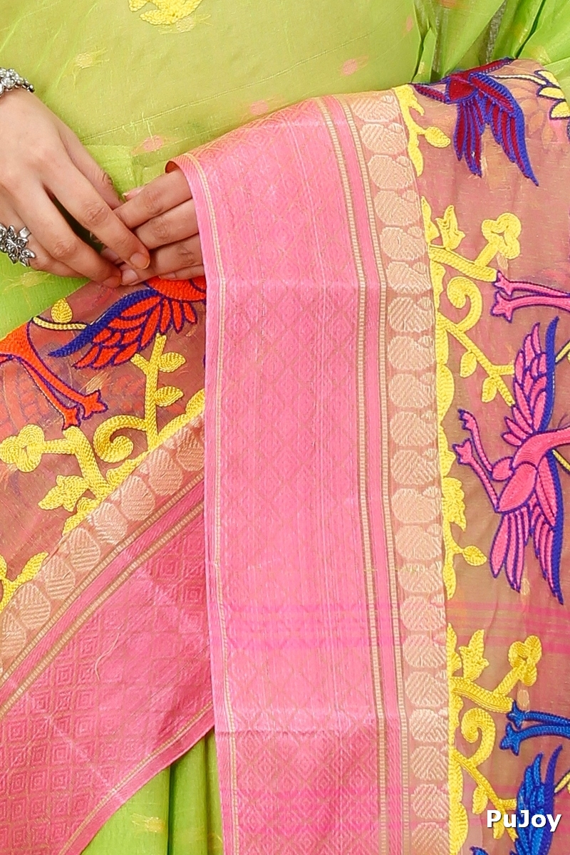 Light Green Pure Cotton Embi Ganga Bok Tant Embroidery (1513)