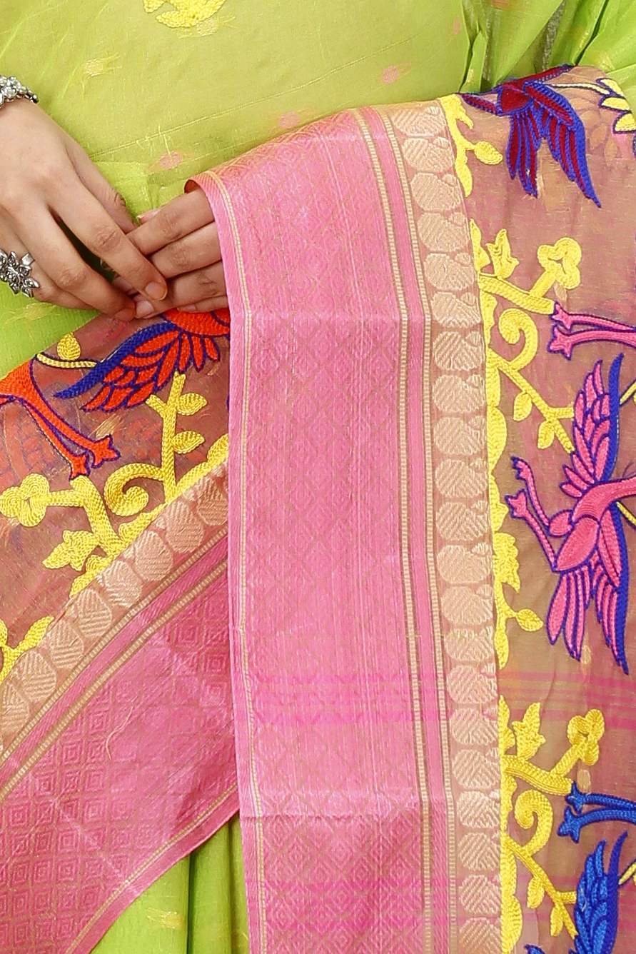 Light Green Pure Cotton Embi Ganga Bok Tant Embroidery (1513)