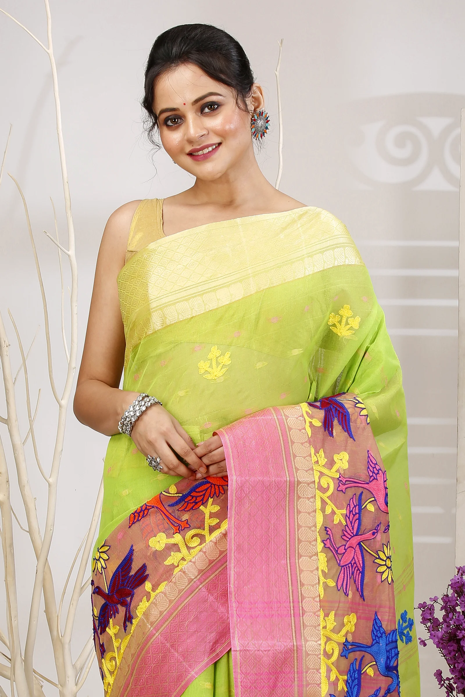 Light Green Pure Cotton Embi Ganga Bok Tant Embroidery (1513)