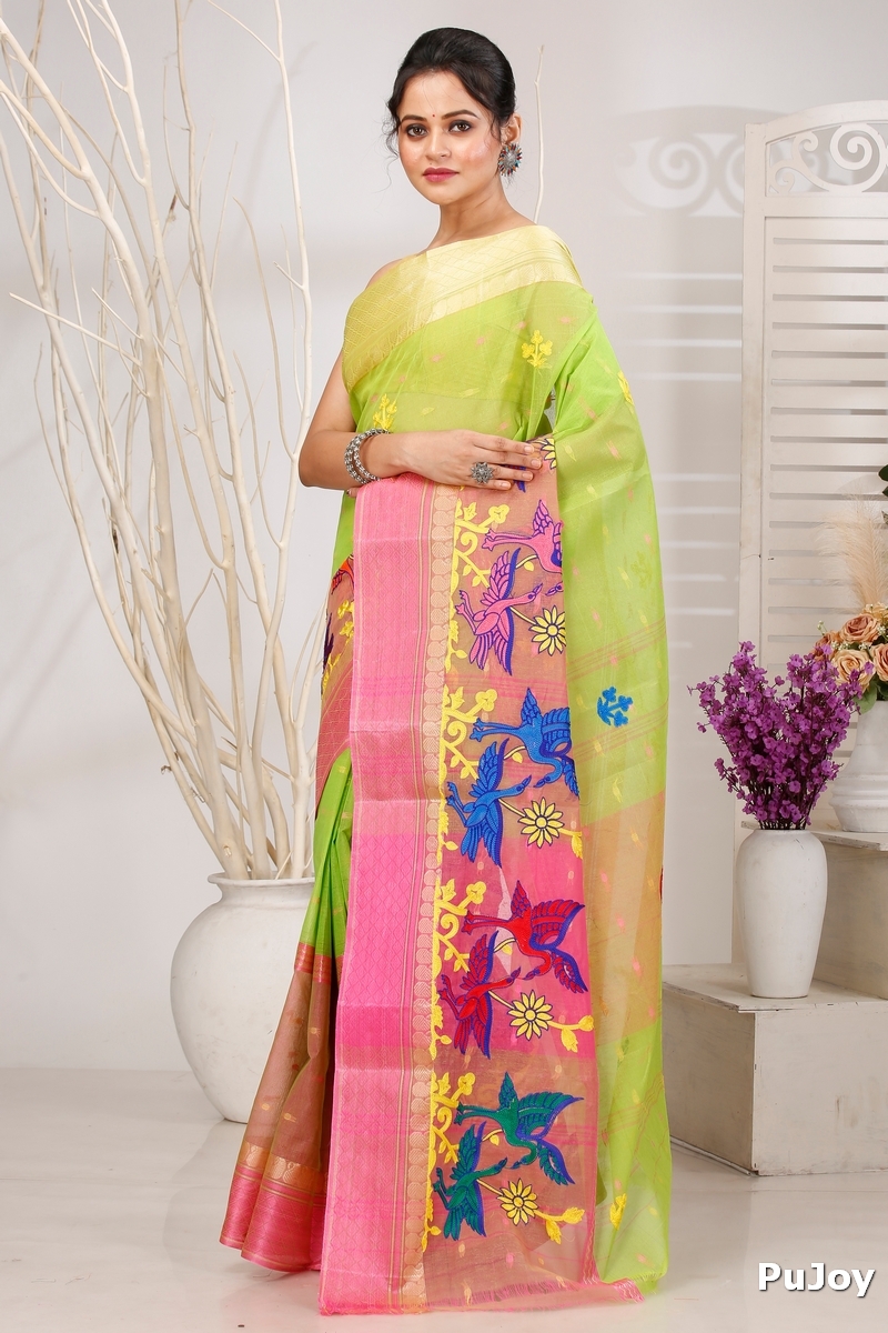 Light Green Pure Cotton Embi Ganga Bok Tant Embroidery (1513)