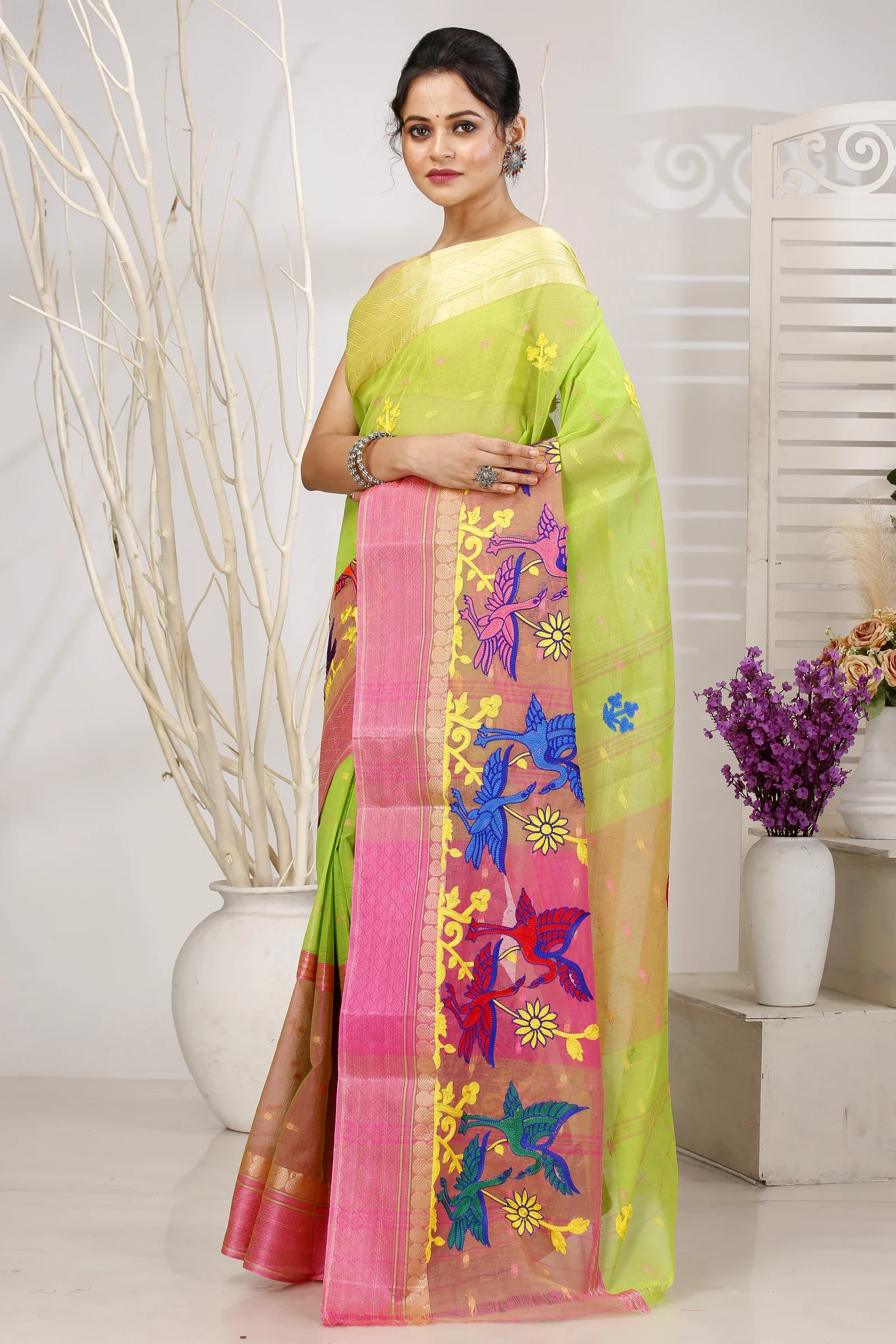 Light Green Pure Cotton Embi Ganga Bok Tant Embroidery (1513)
